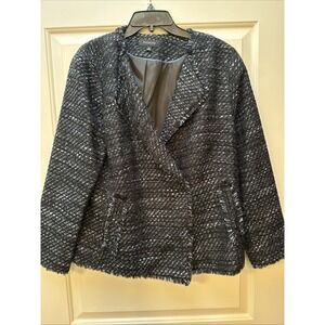 Talbots Tweed Blazer Jacket W/ Fringe Women's 16  Front Pockets Lined Dressy